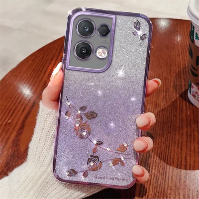 KADEM For Oppo Reno8 5G (Global Version) Rhinestone Decor Flower Pattern Phone Case Gradient Color Glitter Powder Anti-drop TPU Cover - Purple