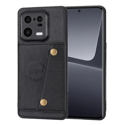 Estuche con ranuras para tarjetas de dos botones para Xiaomi 13 Pro 5G, soporte para montaje en el automóvil, hoja de metal antiarañazos, cubierta de TPU con revestimiento de cuero sintético - Negro