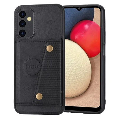 For Samsung Galaxy A14 5G / A14 4G Dual Button Card Slots Leather Coated TPU Case Car Mount Metal Sheet Kickstand Phone Cover - Black