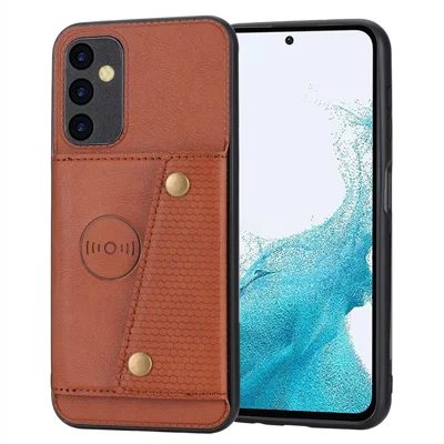 For Samsung Galaxy A54 5G Dual Button Card Slots Phone Case Kickstand Anti-drop PU Leather Coated TPU Cover with Built-in Metal Sheet - Light Brown
