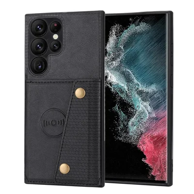 For Samsung Galaxy S23 Ultra PU Leather Coated TPU Back Case Card Slots Kickstand Phone Shockproof Cover with Built-in Metal Sheet - Black