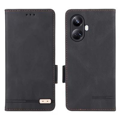 Hardware Decor Phone Case for Realme 10 Pro+ 5G, Dual Magnetic Clasp Wallet Foldable Stand Shockproof PU Leather Cell Phone Cover - Black
