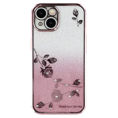 KADEM For iPhone 13 6.1 inch Rhinestone Decor Flower Pattern Anti-drop Back Case Gradient Glitter Powder TPU Protective Cover - Rose Gold
