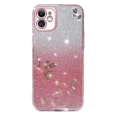 KADEM Gradient Glitter Powder TPU Cover for iPhone 12 6.1 inch, Rhinestone Decor Flower Pattern Anti-drop Protective Case - Rose Gold