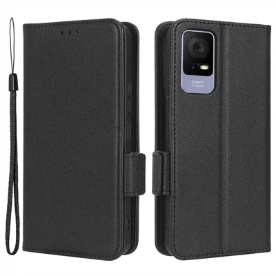 For TCL 405 / 406 / T506D Dual Magnetic Clasp PU Leather Smartphone Case Foldable Stand Litchi Texture Phone Flip Wallet Cover - Black