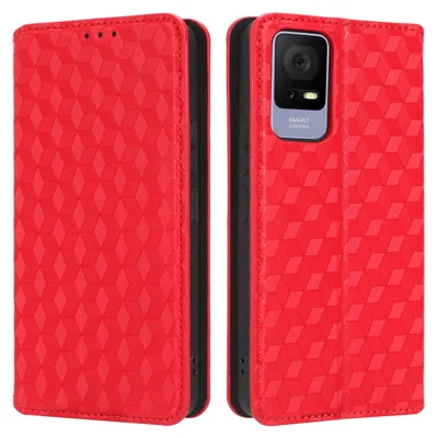 For TCL 405 / 406 / T506D Rhombus Pattern Imprinted PU Leather Protective Flip Phone Wallet Cover Stand Magnetic Auto-absorbed Anti-scratch Phone Case - Red