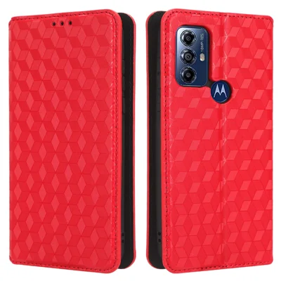 PU Leather Protective Phone Case For Motorola Moto G Play (2023) 4G, Rhombus Pattern Imprinted Magnetic Auto-absorbed Stand Wallet Folio Flip Phone Cover - Red
