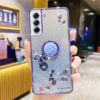 KADEM For Samsung Galaxy S21 FE 5G TPU Case with Ring Kickstand Flower Pattern Rhinestone Decor - Blue