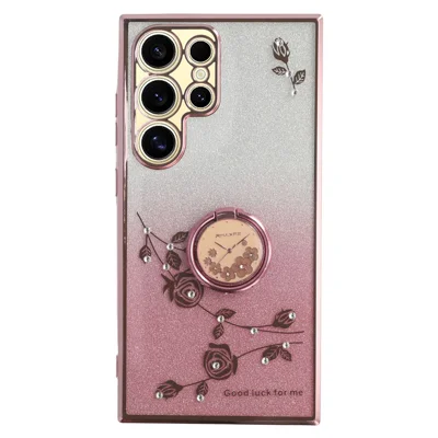 KADEM For Samsung Galaxy S22 Ultra 5G TPU Cover with Kickstand Flower Pattern Rhinestone Decor Phone Back Case - Rose Gold