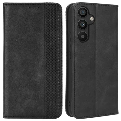 For Samsung Galaxy A34 5G Anti-fall Phone Case Stand Retro Texture Imprinted Pattern Magnetic Auto Closing Flip Leather Wallet Phone Cover - Black