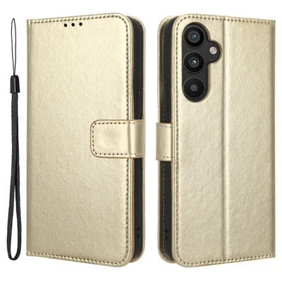For Samsung Galaxy A34 5G Crazy Horse Texture Magnetic Cell Phone Case Wallet Foldable Stand Shockproof PU Leather Phone Cover with Strap - Gold
