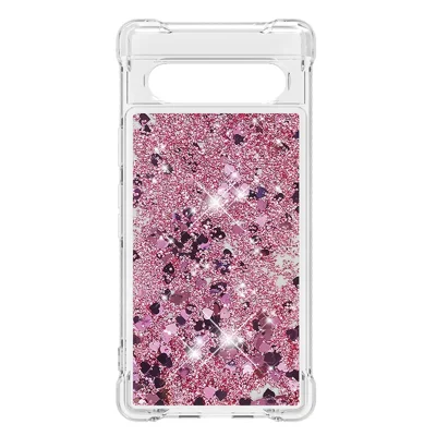 For Google Pixel 7a TPU Case Glitter Quicksand Shockproof Phone Back Cover - Rose Gold  /  Hearts