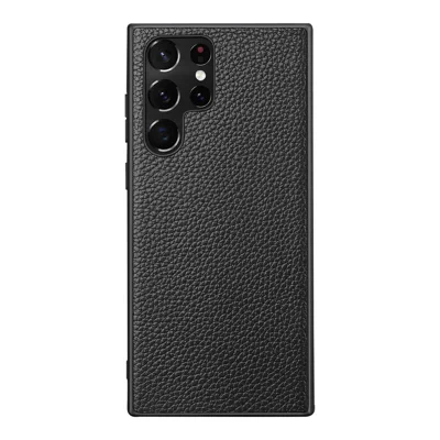 For Samsung Galaxy S23 Ultra Litchi Texture Phone Case Genuine Leather Coated PC + TPU Hybrid Cover - Black