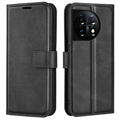Capa de Telefone a Prova de Choque para OnePlus 11 5G, Carteira de Couro PU com Suporte, Textura de Bezerro Quadrada, Fecho Magnético - Preto
