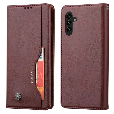 For Samsung Galaxy A14 5G / 4G Outer Card Slot PU Leather Case Magnetic Auto-absorbed Wallet Stand Phone Cover - Wine Red