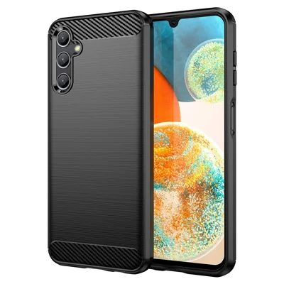 For Samsung Galaxy A14 4G / 5G Flexible TPU Phone Back Cover Brushed Carbon Fiber Texture Drop Protection Phone Case - Black