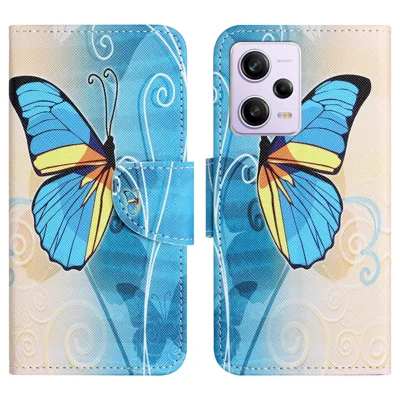 Capa em Pele para Xiaomi Redmi Note 12 5G (Global) / (Índia) / (China) / Poco X5 5G, Estilo Carteira com Suporte e Estampa de Textura Cruzada - Borboleta