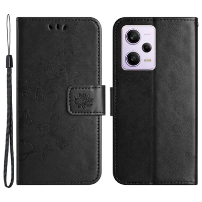 PU Leather Phone Cover For Xiaomi Redmi Note 12 Pro 5G, Imprinted Butterfly Flower Pattern Stand Wallet Phone Case with Strap - Black