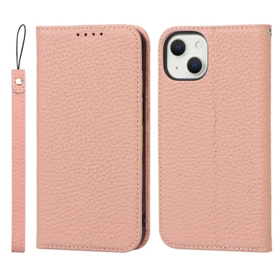 Drop-proof Phone Case for iPhone 14, Genuine Leather Litchi Texture Cell Phone Cover Wallet Stand  - Pink