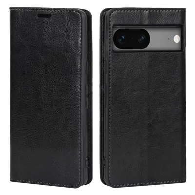 Genuine Leather Phone Cover For Google Pixel 7a, Crazy Horse Texture Magnetic Anti-drop Phone Case with Stand Wallet - Black