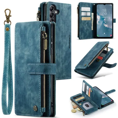 For Samsung Galaxy A14 5G / A14 4G Phone Cases with Strap CASEME C30 Zipper Multiple Card Holder PU Leather Cover - Blue