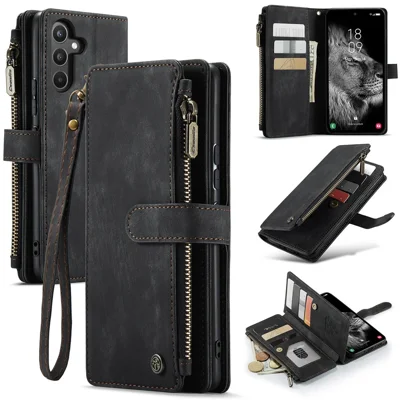 Für Samsung Galaxy A34 5G Handytaschen mit Bügel CASEME C30 Reißverschluss Mehrfach-Kartenhalter PU-Lederhülle - Schwarz