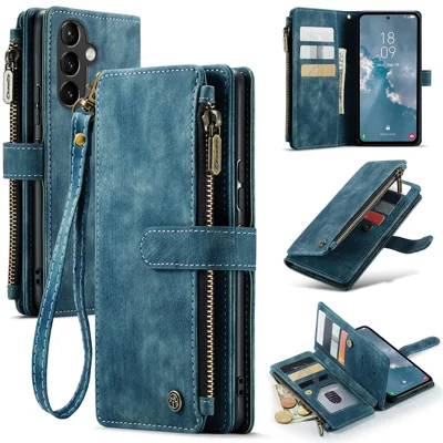 Étuis pour Samsung Galaxy A54 5G avec sangle CASEME C30 à fermeture éclair, support multiple cartes en cuir PU - Bleu