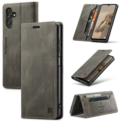 Capa de Couro AUTSPACE A01 Series com Tampa para Samsung Galaxy A14 5G / A14 4G, Capa de Telemóvel com Bloqueio RFID, Suporte, Carteira Retro - Café
