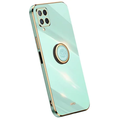 XINLI Back Shell for Samsung Galaxy A12, Electroplating Golden Edge Ring Kickstand Case Soft TPU Cover - Cyan