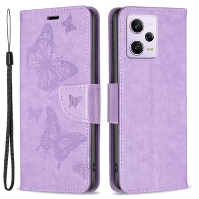 Shockproof Case for Xiaomi Redmi Note 12 Pro 5G / Note 12 Pro Speed 5G / Poco X5 Pro 5G PU Leather Cover Butterfly Imprinted with Strap - Purple