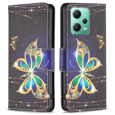 Capa de Telemóvel Carteira em Pele para Xiaomi Redmi Note 12 5G (Global) / (Índia) / (China) / Poco X5 5G com Impressão de Padrão, Tampa de Abertura com Suporte - Borboleta Jóia
