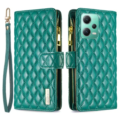 Capa de Couro BINFEN COLOR BF Style-15 com Aba para Xiaomi Redmi Note 12 5G (Global) / (Índia) / (China) / Poco X5 5G, Capa Carteira com Bolso com Zíper e Alça - Verde