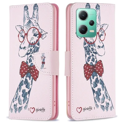 For Xiaomi Poco X5 5G / Redmi Note 12 5G (Global) / (India) / (China) Pattern Printing Phone Case Flip Stand PU Leather Wallet Cover - Giraffe