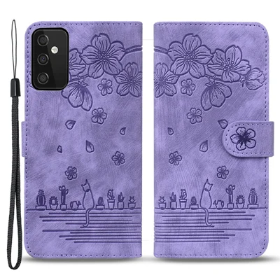 Pour Samsung Galaxy A54 5G Étui portefeuille en cuir PU avec motif de chat et de fleur, support de téléphone avec sangle - Violet