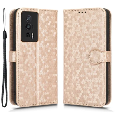 Capa de Telemóvel de Proteção para Xiaomi Poco F5 Pro 5G / Redmi K60 Pro 5G / K60 5G, Capa em Pele PU com Suporte e Carteira com Estampa de Pontos - Dourado Rosa