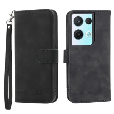 DIERFENG DF-03 Capa de Couro para Telefone Oppo Reno8 5G (Versão Global), Capa de Telefone Carteira com Linhas Impressas - Preto