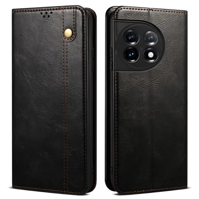 Phone Stand Case for OnePlus 11 5G, PU Leather Waxy Crazy Horse Texture Stand Smartphone Cover - Black
