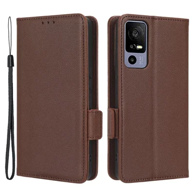 Leather Smartphone Case for TCL 40R 5G, Dual Magnetic Clasp Litchi Texture Flip Wallet Stand Scratch-resistant Phone Cover - Brown