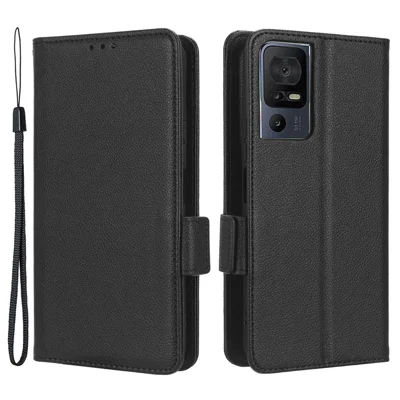 Anti-fall Leather Phone Case for TCL 40 SE, Magnetic Litchi Texture Protective Cell Phone Cover with Wallet Stand - Black