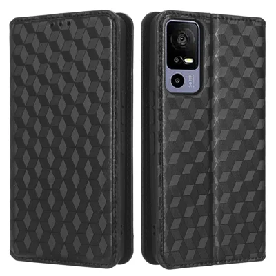For TCL 40R 5G Cell Phone Case Wallet PU Leather Rhombus Pattern Imprinted Magnetic Closure Stand Cover - Black