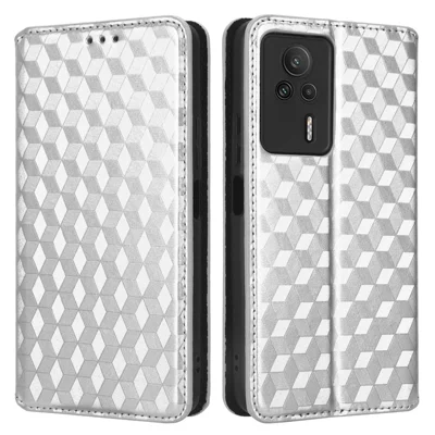 For Xiaomi Redmi K60E 5G Anti-Scratch Rhombus Pattern Imprinted PU Leather Phone Stand Wallet Cover Magnetic Phone Case - Silver