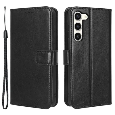 Phone Cover for Samsung Galaxy S23+ PU Leather Crazy Horse Texture Wallet Stand Phone Case with Strap - Black