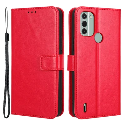 Cell Phone Case Wallet for Nokia C31 4G, Crazy Horse Texture Stand PU Leather Phone Cover with Strap - Red