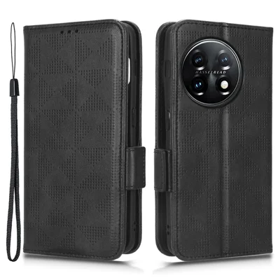 For OnePlus 11 5G Cell Phone Case Imprinted Triangle Pattern Phone Cover PU Leather Wallet with Wrist Strap - Black