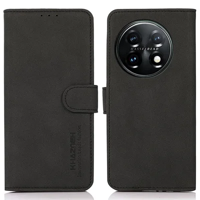 KHAZNEH PU Leather Phone Case for OnePlus 11 5G Textured Magnetic Clasp Stand Wallet Cover - Black