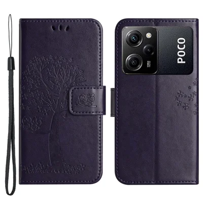 For Xiaomi Poco X5 Pro 5G / Redmi Note 12 Pro Speed 5G Owl Tree Imprinted PU Leather Stand Case Drop-proof Cell Phone Wallet Cover - Dark Purple
