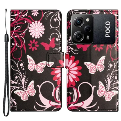 For Xiaomi Poco X5 Pro 5G / Redmi Note 12 Pro Speed 5G Phone Case PU Leather Pattern Printing Wallet Stand Cover - Black  /  Butterflies