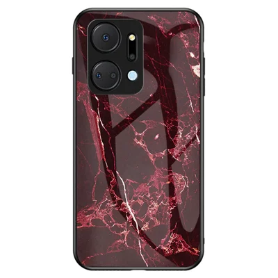 Telefoonhoesje voor Honor X7a 5G, marmeren patroon gehard glas+PC+TPU telefoonhoes - Bloedrood marmer