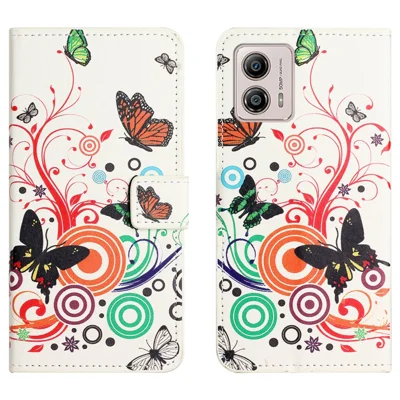 For Motorola Moto G53 5G / G23 4G / G13 4G Stand Phone Case PU Leather Pattern Printing Phone Wallet Cover - White  /  Butterflies