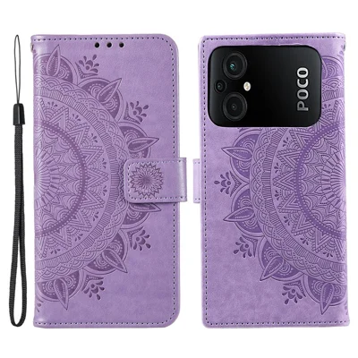 TPU+PU Leather Phone Case for Xiaomi Poco M5 4G, Wallet Stand Imprinted Mandala Flower Pattern Phone Cover with Strap - Purple